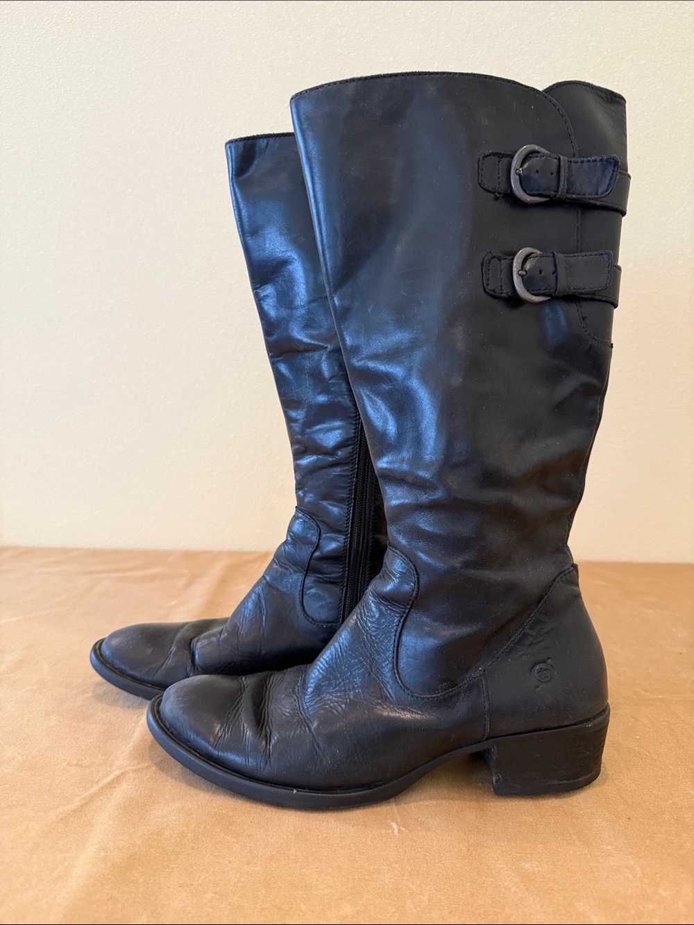 Black Leather Boots with Buckle Accent